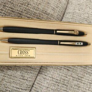 CROSS Ball Pen and Pencil Set Classic Black 2501 with Monogram "M" and gems